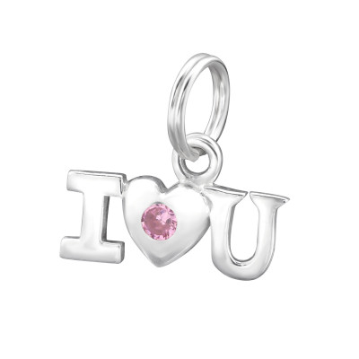 I Love You Sterling Silver Charm with Split ring with Cubic Zirconia