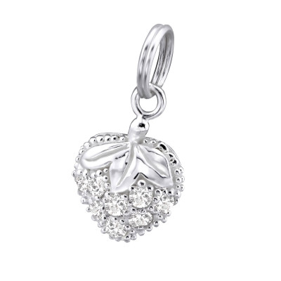 Silver Strawberry Charm with Split Ring with Cubic Zirconia