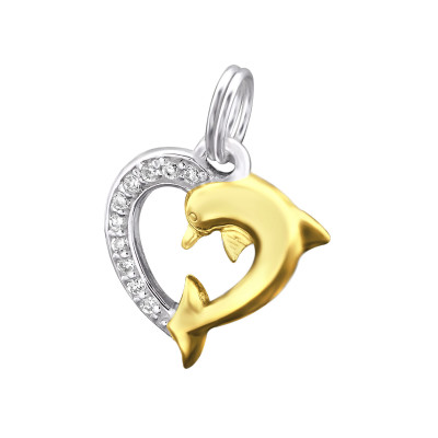 Dolphin Sterling Silver Charm with Split ring with Cubic Zirconia