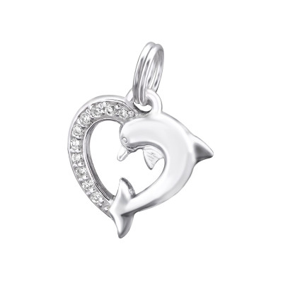 Silver Dolphin Charm with Split Ring with Cubic Zirconia