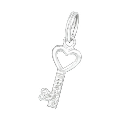 Silver Key Charm with Split Ring with Cubic Zirconia