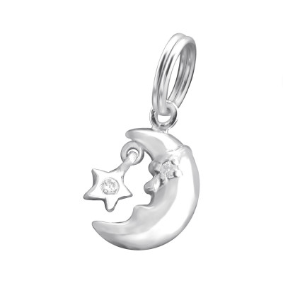 Moon and Star Sterling Silver Charm with Split ring with Cubic Zirconia