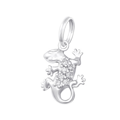 Silver Gecko Charm with Split Ring with Cubic Zirconia