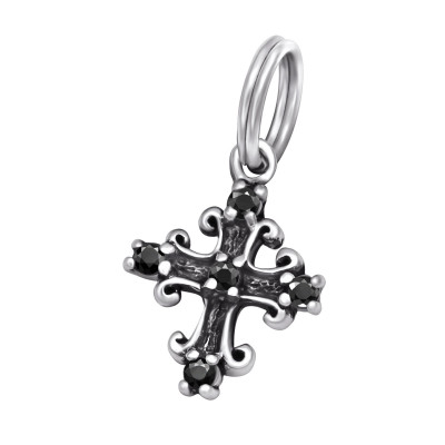 Cross Sterling Silver Charm with Split ring with Cubic Zirconia