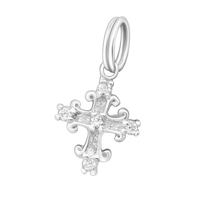 Silver Cross Charm with Split Ring and Cubic Zirconia