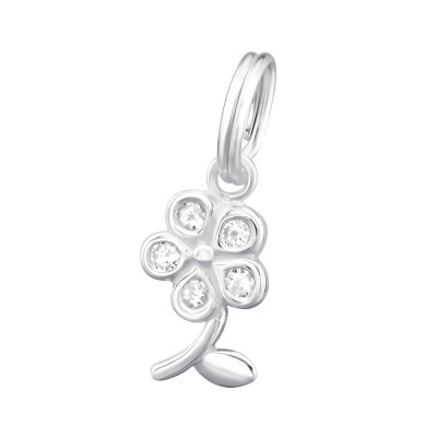 Silver Flower Charm with Split Ring with Cubic Zirconia