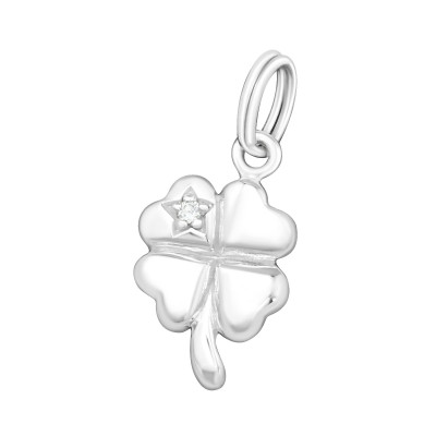 Silver Lucky Clover Charm with Split Ring and Cubic Zirconia