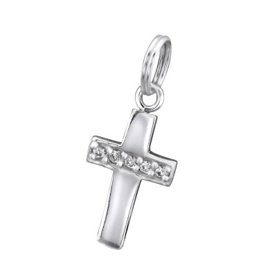 Silver Cross Charm with Split Ring and Cubic Zirconia