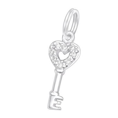 Silver Key Charm with Split Ring with Cubic Zirconia