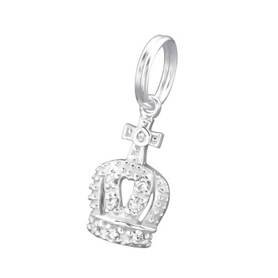 Silver Crown Charm with Split Ring with Cubic Zirconia