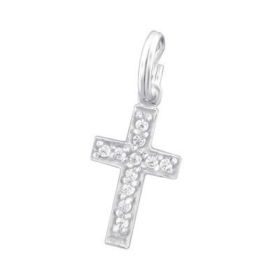 Silver Cross Charm with Split Ring with Cubic Zirconia