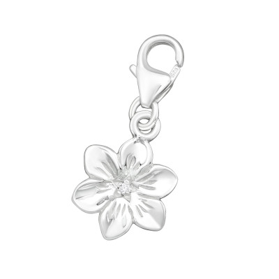 Silver Flower Clip on Charm and Cubic Zirconia