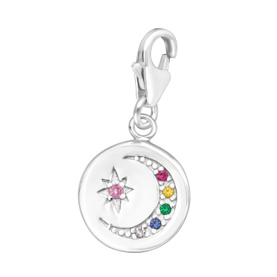 Silver Moon and Star Clip on Charm with Cubic Zirconia