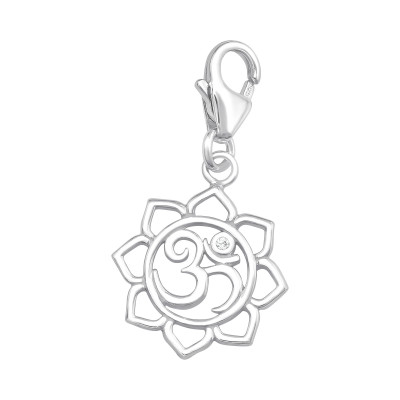 Silver Om Symbol Clip on Charm with Cubic Zirconia