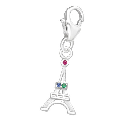 Silver Eiffel Tower Clip on Charm with Cubic Zirconia