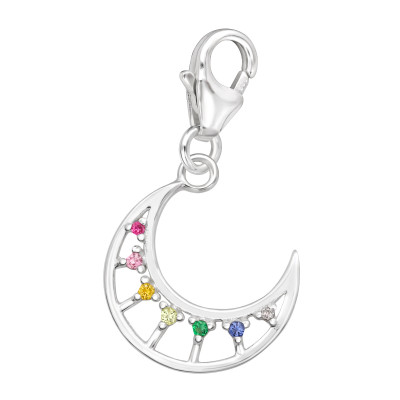 Silver Crescent Moon Clip on Charm with Cubic Zirconia