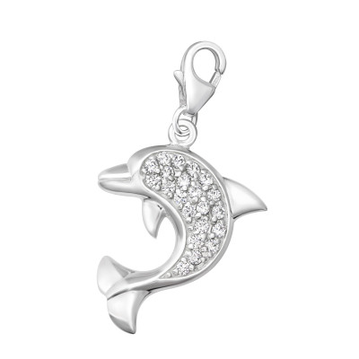 Silver Dolphin Clip on Charm with Cubic Zirconia