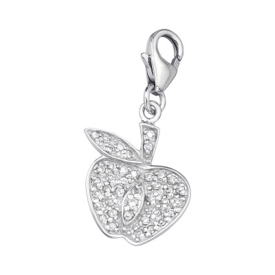 Silver Apple Clip on Charm with Cubic Zirconia