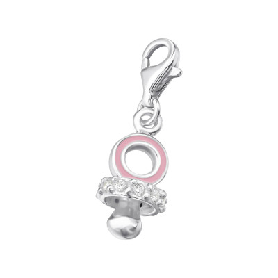 Silver Child's Pacifier Clip on Charm with Cubic Zirconia