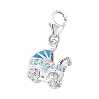 Silver Baby Carriage Clip on Charm with Cubic Zirconia and Epoxy