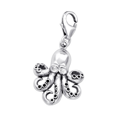 Silver Octopus Clip on Charm with Cubic Zirconia