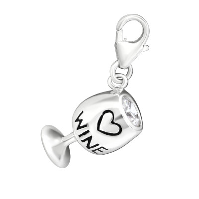 Silver Wine Glass Clip on Charm and Cubic Zirconia