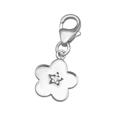 Silver Flower Clip on Charm with Cubic Zirconia