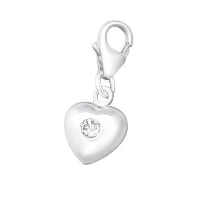 Silver Heart Clip on Charm with Cubic Zirconia