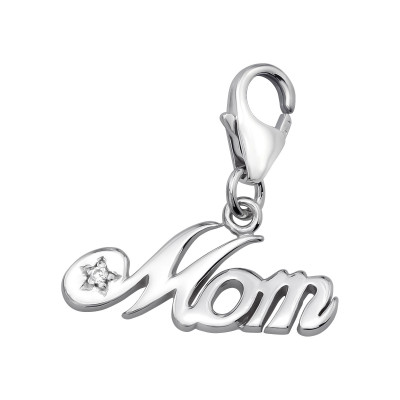 Silver Mom Clip on Charm with Cubic Zirconia