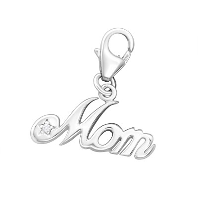 Silver Mom Clip on Charm with Cubic Zirconia