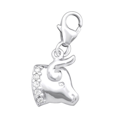 Silver Taurus Zodiac Sign Clip on Charm with Cubic Zirconia