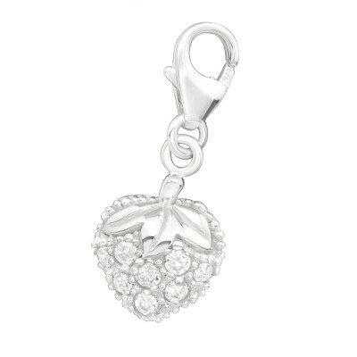 Silver Strawberry Clip on Charm with Cubic Zirconia