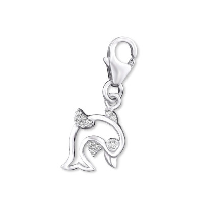 Silver Dolphin Clip on Charm with Cubic Zirconia