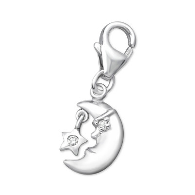 Silver Crescent Moon Clip on Charm with Cubic Zirconia