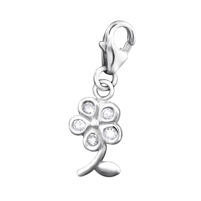 Flower Sterling Silver Clip on Charm with Cubic Zirconia