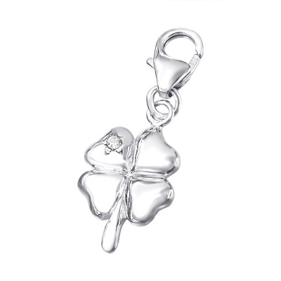 Silver Lucky Clover Clip on Charm with Cubic Zirconia