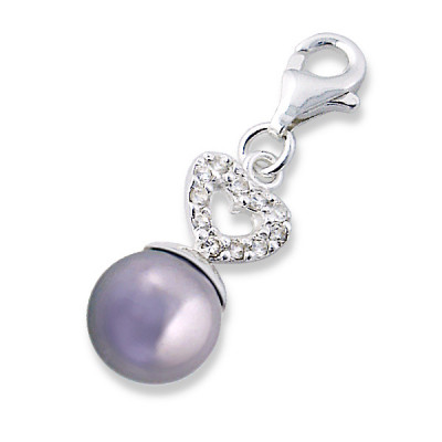 Heart Sterling Silver Clip on Charm with Cubic Zirconia and Pearl