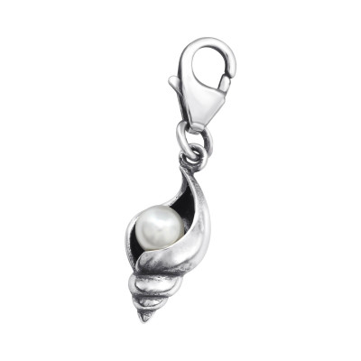 Silver Shell Clip on Charm with Synthetic Pearl