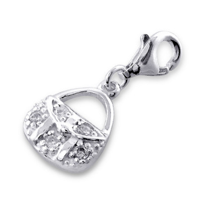 Silver Bag Clip on Charm with Cubic Zirconia