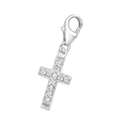 Silver Cross Clip on Charm with Cubic Zirconia