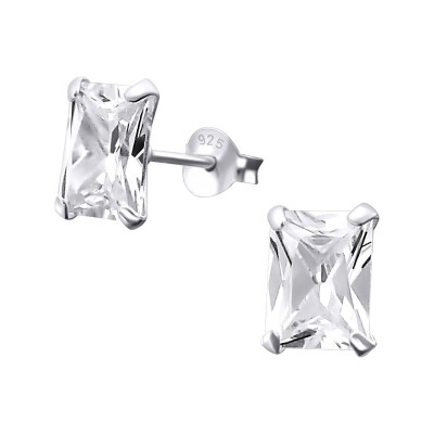 Baguette 7X9Mm Sterling Silver Basic Ear Studs with Cubic Zirconia