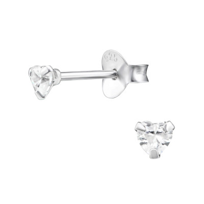 Silver Heart 3mm Ear Studs with Cubic Zirconia