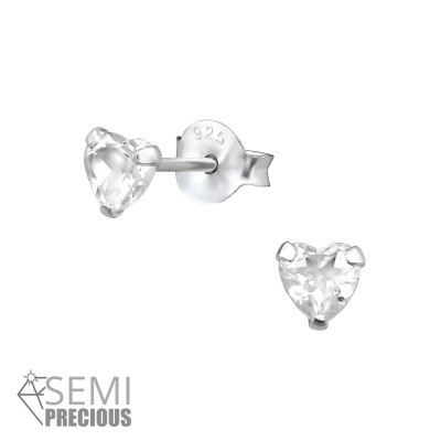 Silver 4 mm Heart Ear Studs with Semi Precious Natural Stone