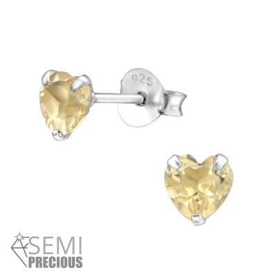 Silver Heart Ear Studs with Semi Precious Natural Stone