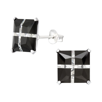 Silver Square 10mm Cross Cut Ear Studs with Cubic Zirconia