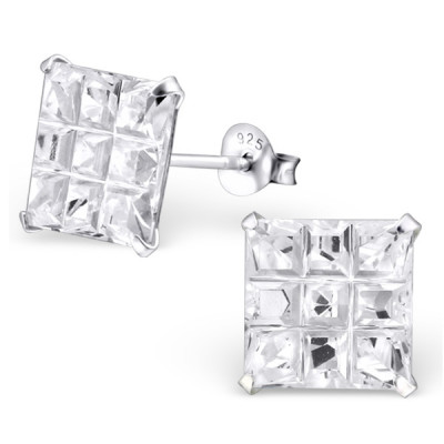 Silver Square 10mm Cut Ear Studs with Cubic Zirconia