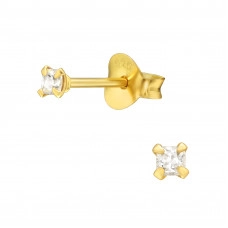 Silver Square 2mm Basic Ear Studs with Cubic Zirconia
