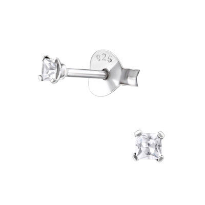 Silver Square 2mm Ear Studs with Cubic Zirconia