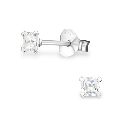 Birthstone Square 3mm Silver Ear Studs with Cubic Zirconia