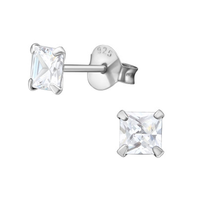 Silver Square 4mm Ear Studs with Cubic Zirconia